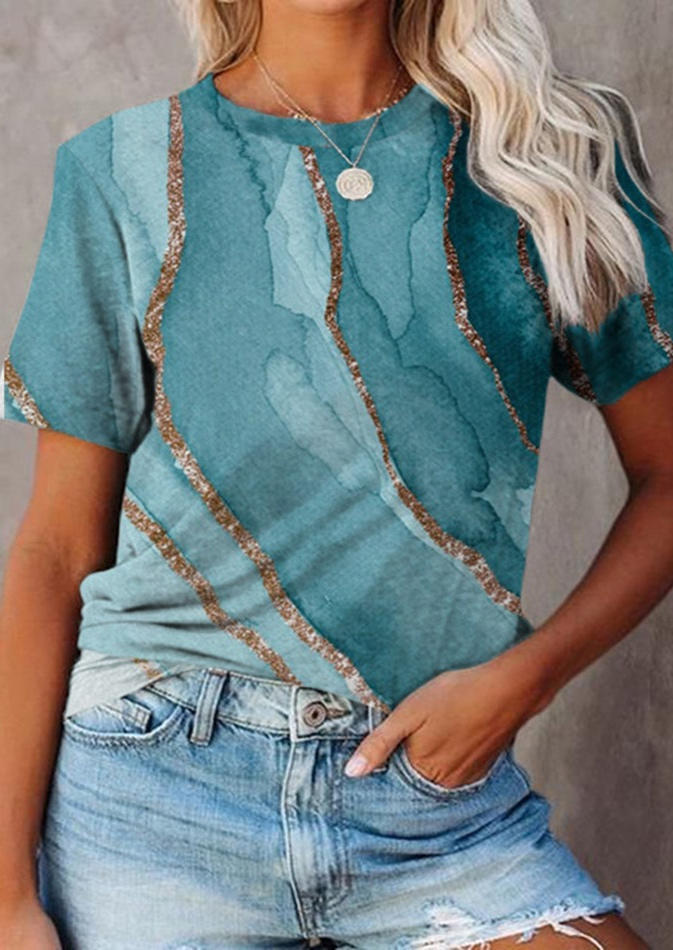 

Blouses Ink Painting Short Sleeve O-Neck Blouse in Blue. Size: ,M