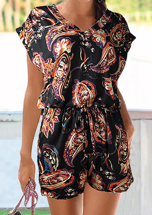 Jumpsuits & Rompers Paisley Floral Drawstring Elastic Waist Pocket Romper in Black. Size: S,M