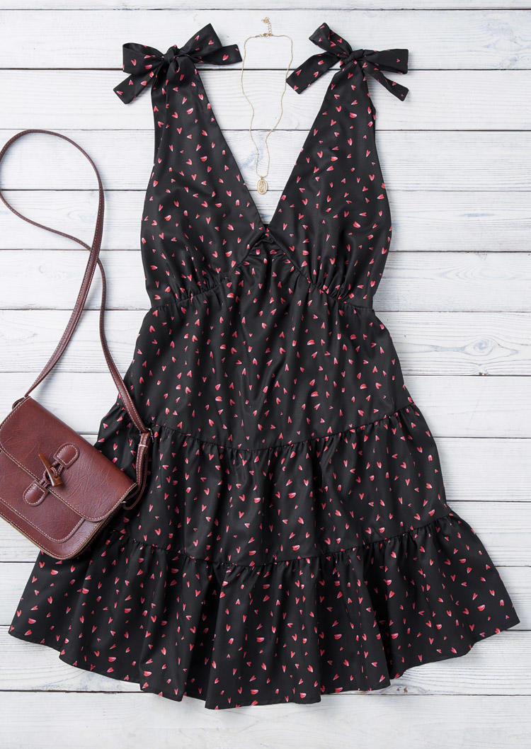 Heart Floral Ruffled Tie V-Neck Mini Dress - Black