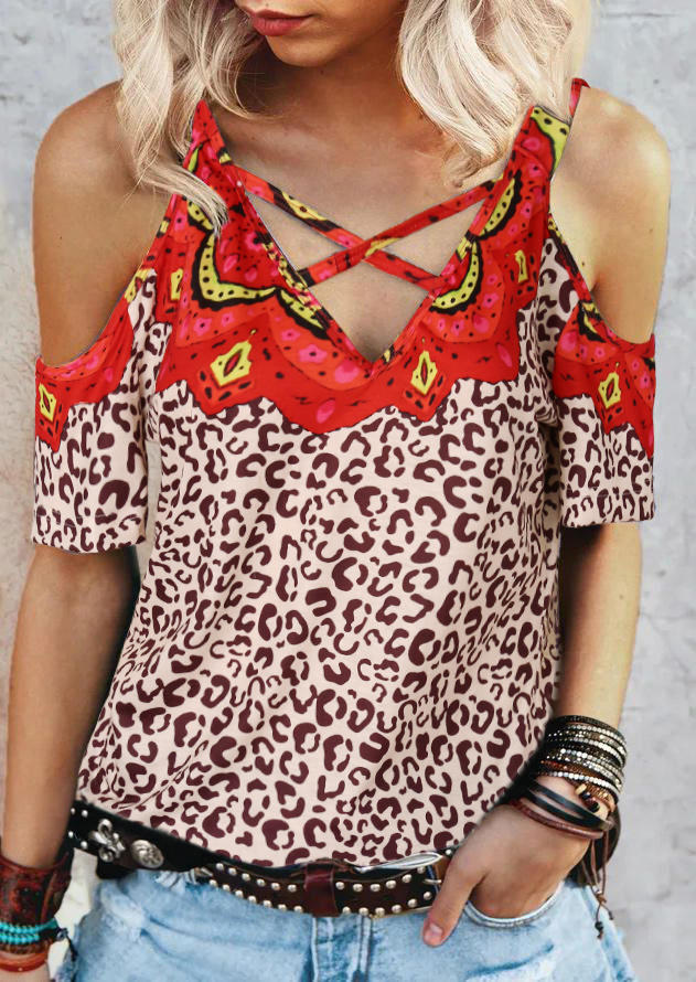 

Blouses Leopard Criss-Cross Cold Shoulder Blouse in Leopard. Size: ,M,L