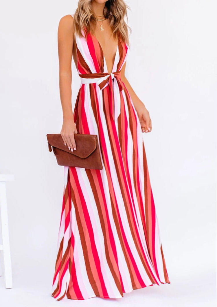 

Maxi Dresses Striped Tie Zipper Open Back Deep V-Neck Maxi Dress in Red. Size