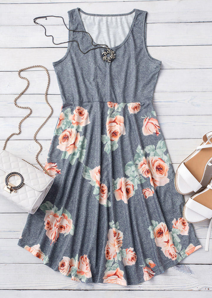 Floral Ruffled O-Neck Sleeveless Mini Dress - Gray