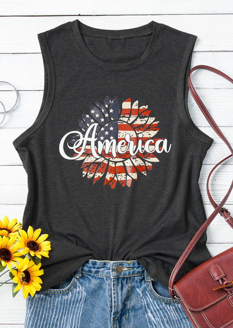 

Tank Tops America Flag Star Striped Sunflower Tank Top in Dark Grey. Size