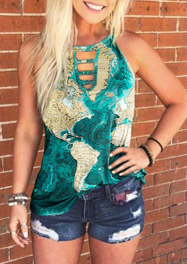 

Tank Tops Map Keyhole Neck Halter Tank Top in Multicolor. Size: ,M,L,XL