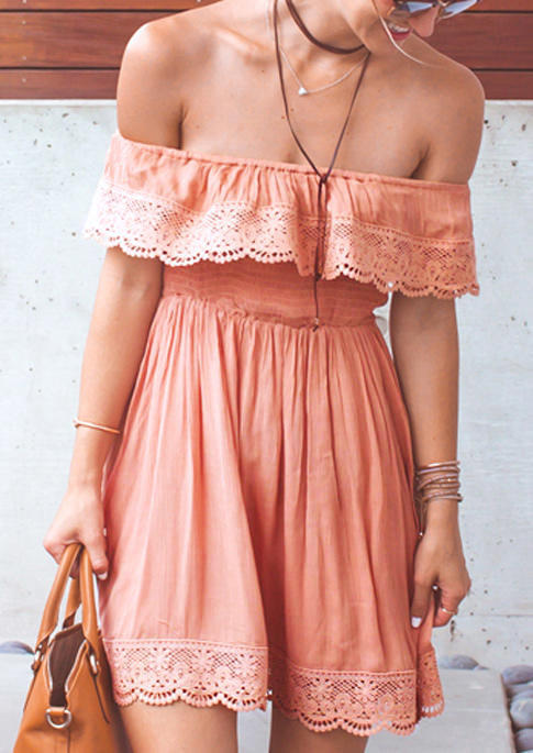 Mini Dresses Lace Ruffled Layered Off Shoulde Mini Dress in Pink. Size: M,L