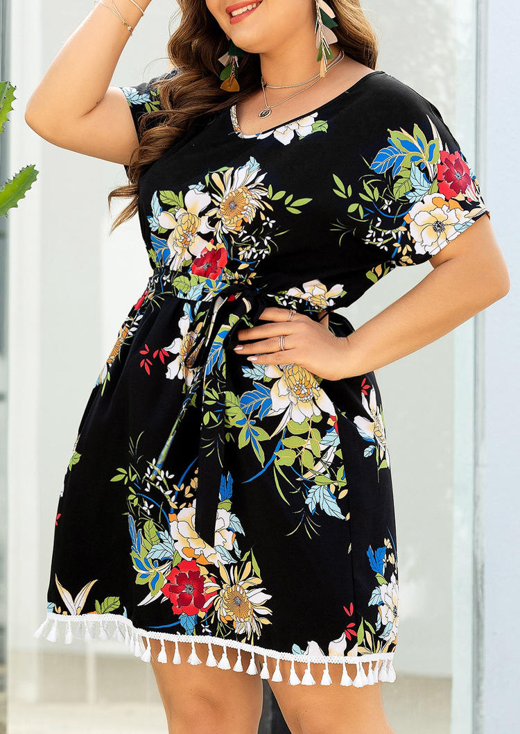 

Plus Size Dresses Plus Size Floral Tassel Edge Elastic Waist Mini Dress in Black. Size: ,XL