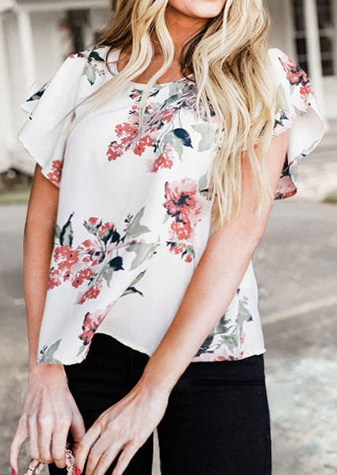 

Blouses Floral O-Neck Petal Sleeve Blouse in White. Size