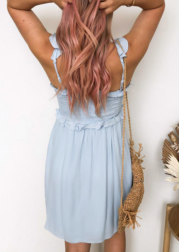 Ruffled Drawstring Tie Open Back Mini Dress - Light Blue