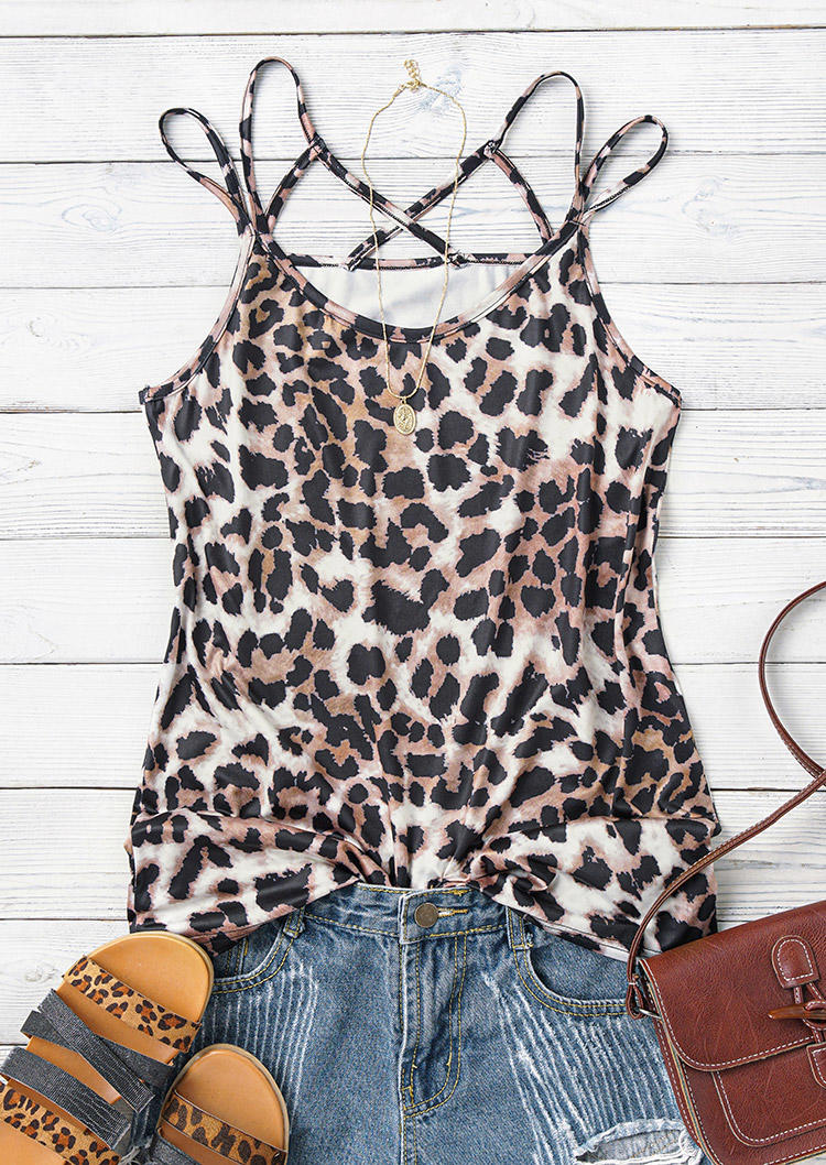 

Tank Tops Leopard Criss-Cross Hollow Out Camisole in Leopard. Size