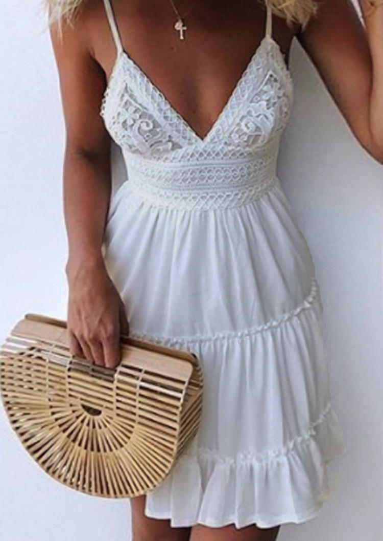

Mini Dresses Lace Splicing Ruffled Open Back Tie Mini Dress in White. Size