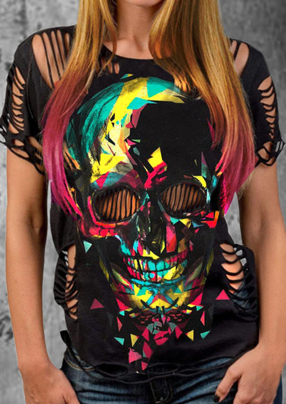 

Blouses Colorful Geometric Skull Hollow Out Blouse in Multicolor. Size: ,M