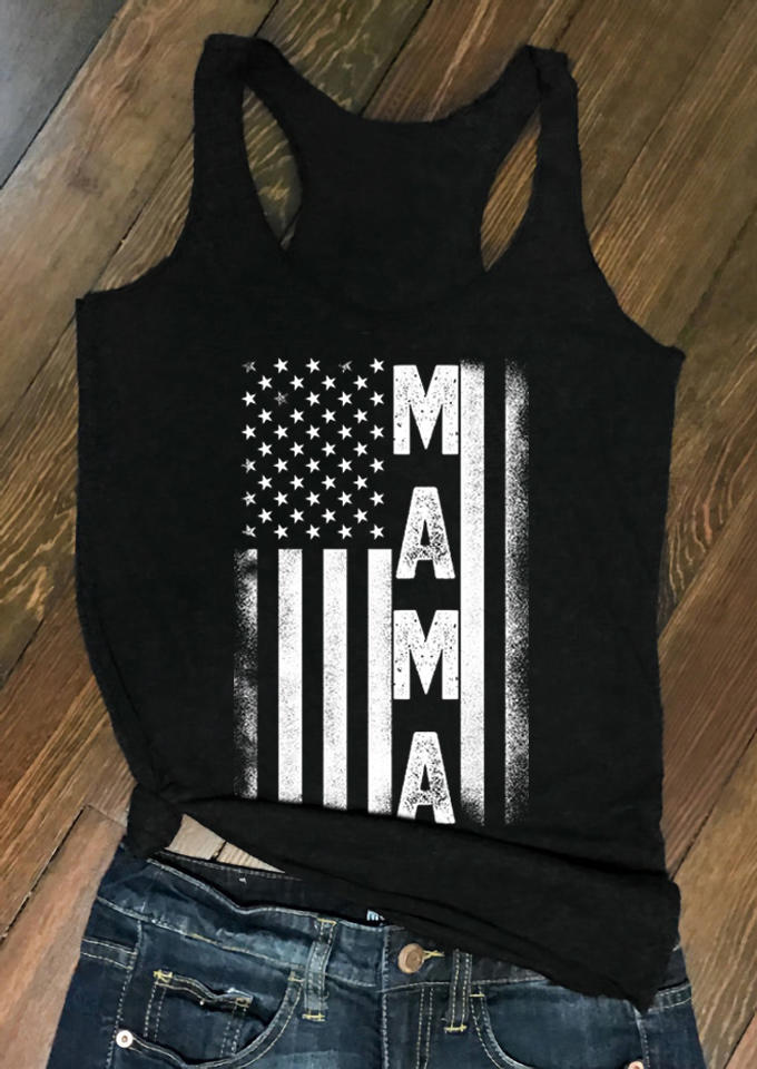 Mama American Flag Star Striped Racerback Tank - Black