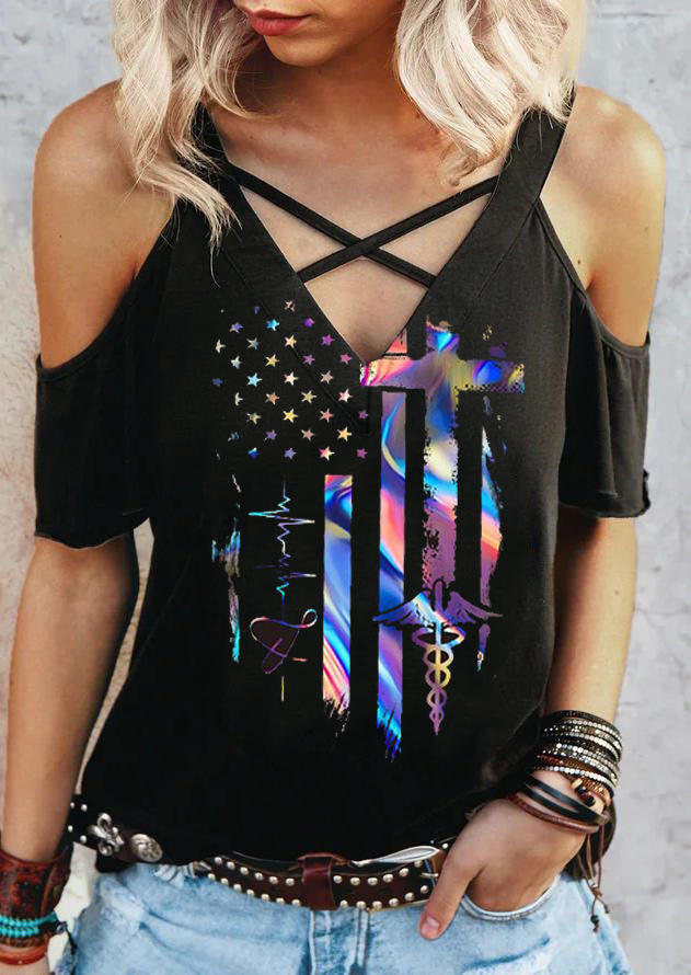 

Blouses Colorful American Flag Star Criss-Cross Cold Shoulder Blouse in Black. Size