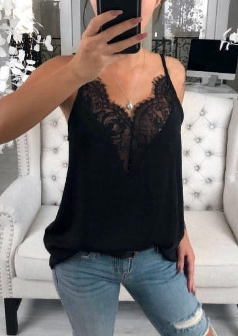 

Tank Tops Lace Splicing Sleeveless Camisole in Black. Size: ,L
