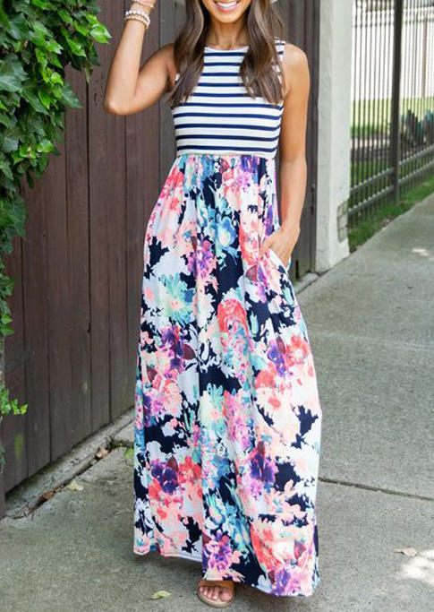 

Maxi Dresses Striped Floral Ruffled Pocket Sleeveless Maxi Dress in Multicolor. Size