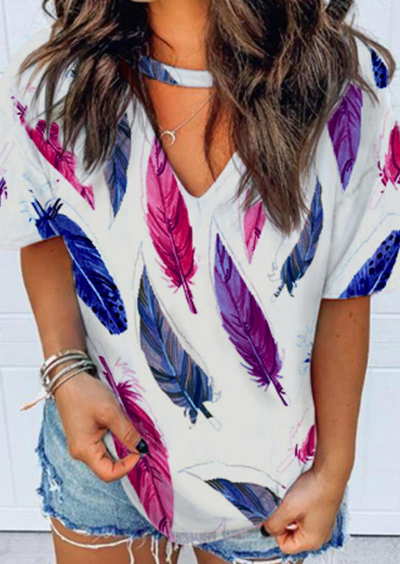 

Blouses Colorful Feather Keyhole Neck Blouse in Multicolor. Size