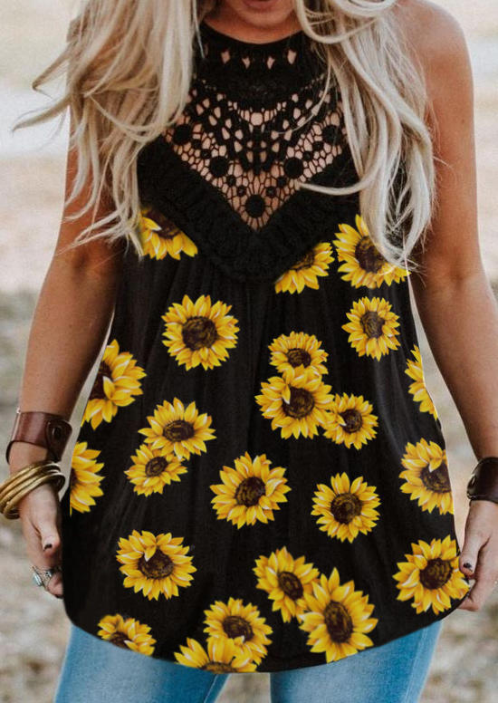 Tank Tops Sunflower Lace Hollow Out Casual Tank Top in Black. Size: S,M,L