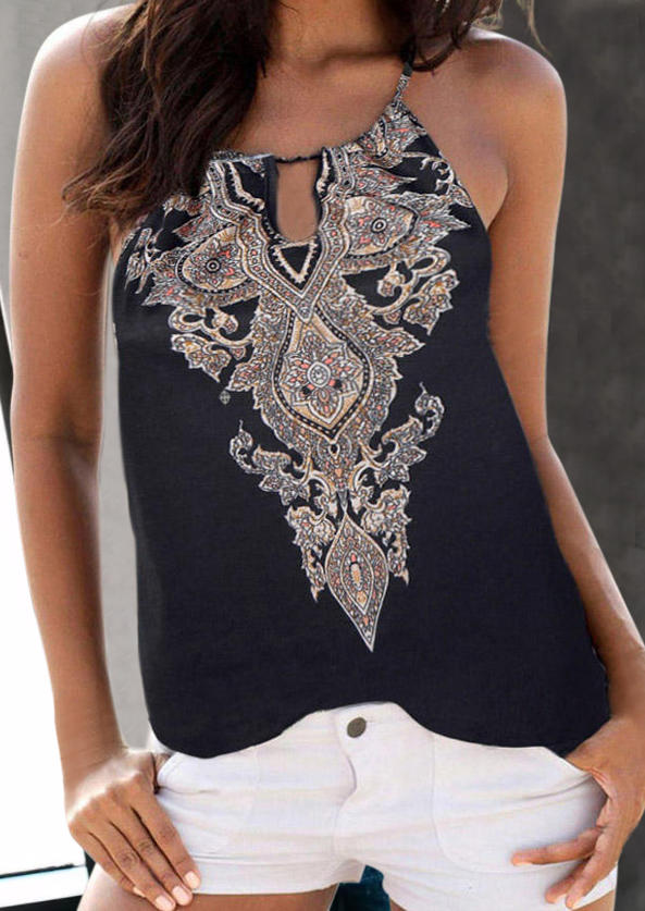 

Tank Tops Vintage Bohemian Style Hollow Out Halter Camisole in Black. Size: ,L