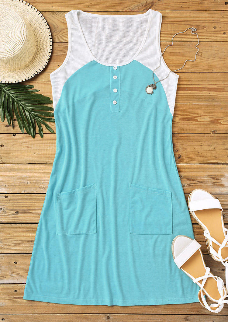 Mini Dresses Color Block Button Pocket Sleeveless Mini Dress - Cyan in Blue. Size: L,S