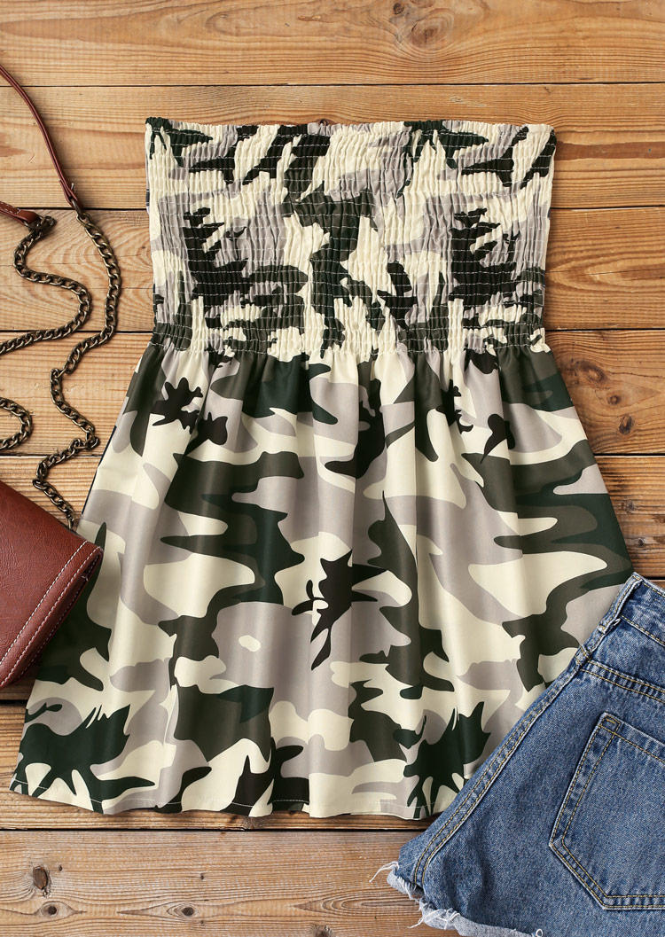 

Tank Tops Camouflage Smocked Strapless Casual Tank Top in Multicolor. Size