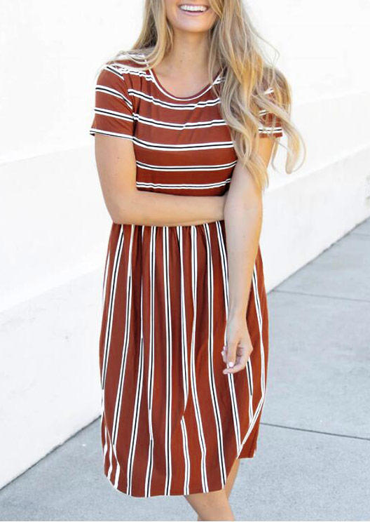 

Midi Dresses Striped Ruffled O-Neck Short Sleeve Midi Dress in Coffee. Size: ,L