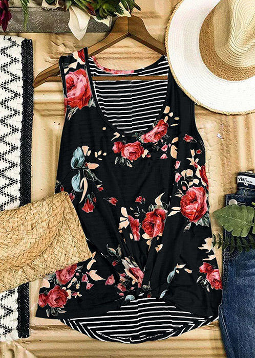 

Tank Tops Floral Striped Twist Button O-Neck Tank Top in Black. Size: ,L