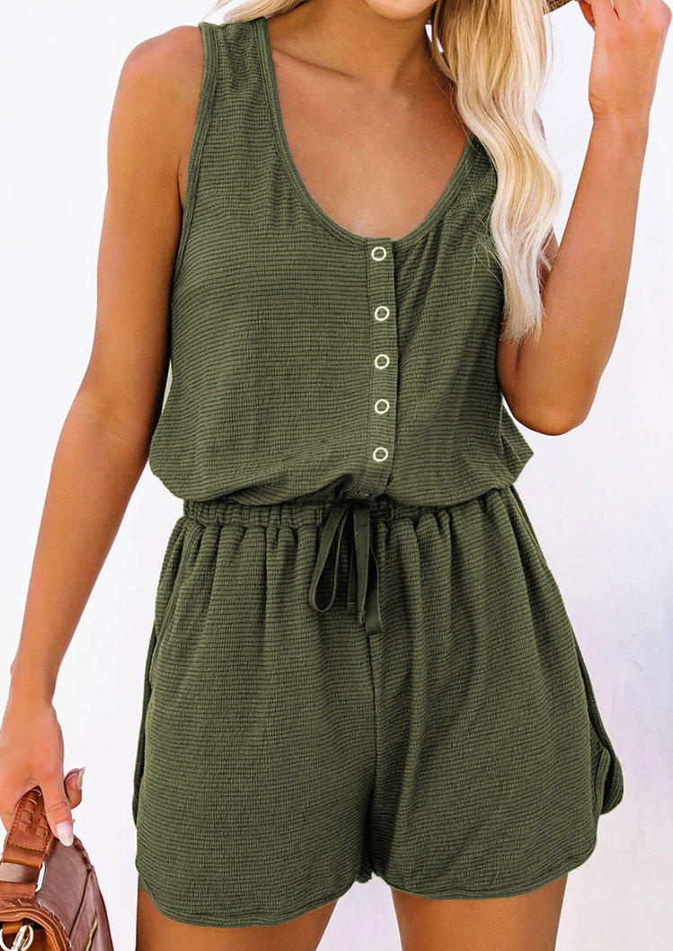 

Jumpsuits & Rompers Drawstring Pocket Button Sleeveless Romper in Army Green. Size
