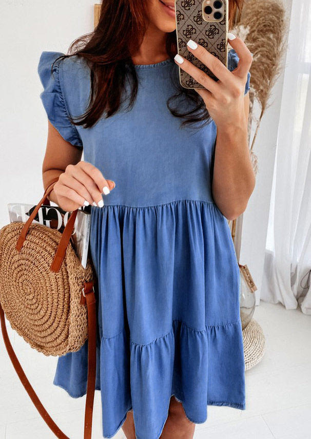 

Mini Dresses Ruffled O-Neck Denim Mini Dress in Blue. Size: ,L,XL