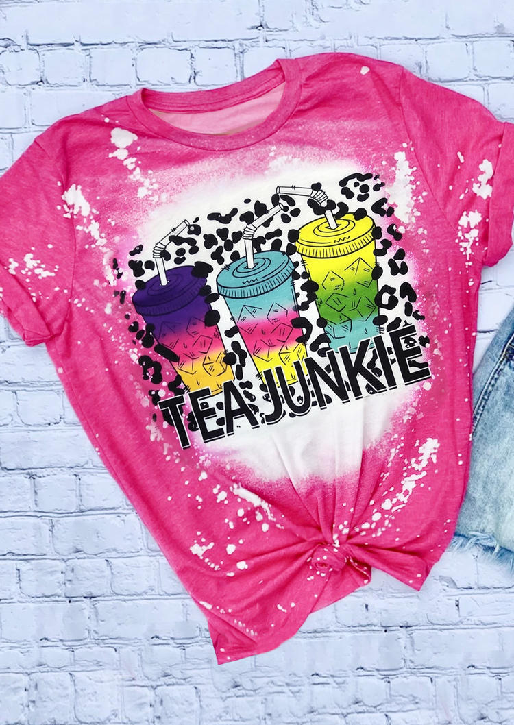 

T-shirts Tees Leopard Loaded Tea Junkie Bleached T-Shirt Tee in Rose Red. Size