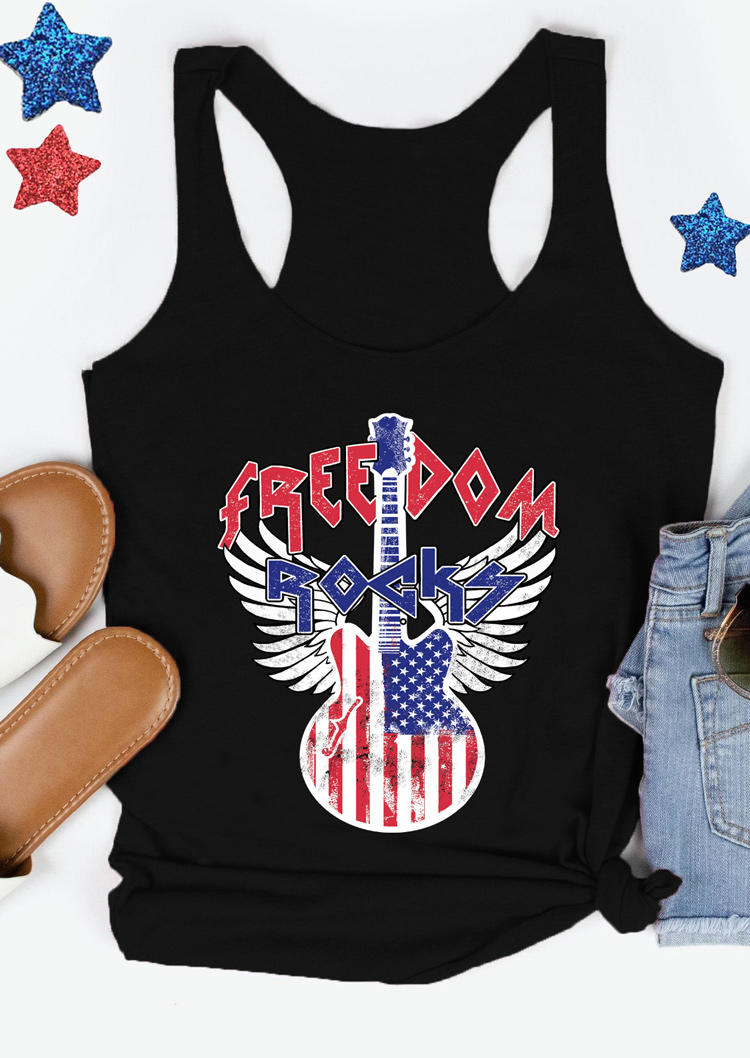 

Tank Tops Freedom Rocks American Flag Wing Guitar Racerback Tank Top in Black. Size