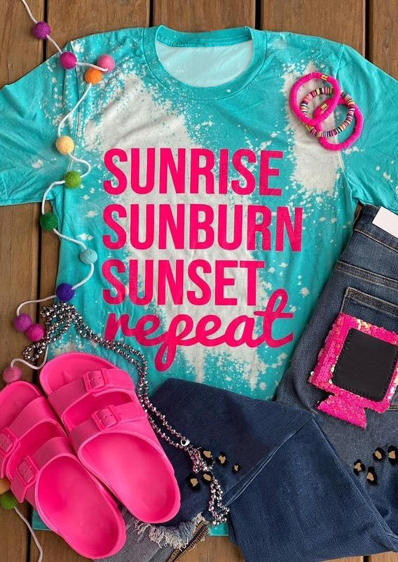 T-shirts Tees Sunrise Sunburn Sunset Repeat T-Shirt Tee in Cyan. Size: M,L,XL