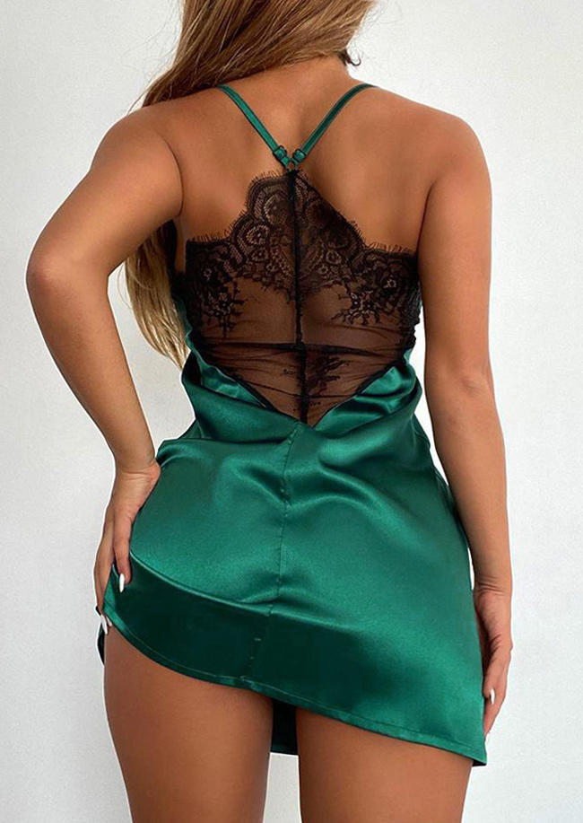 

Mini Dresses Lace Splicing Spaghetti Strap Mini Dress in Green. Size