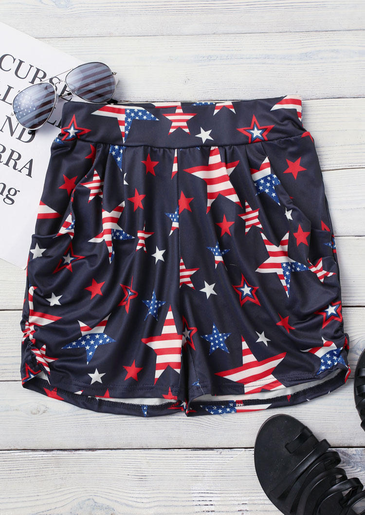 

Shorts American Flag Star Ruffled Elastic Waist Shorts in Deep Blue. Size: ,M