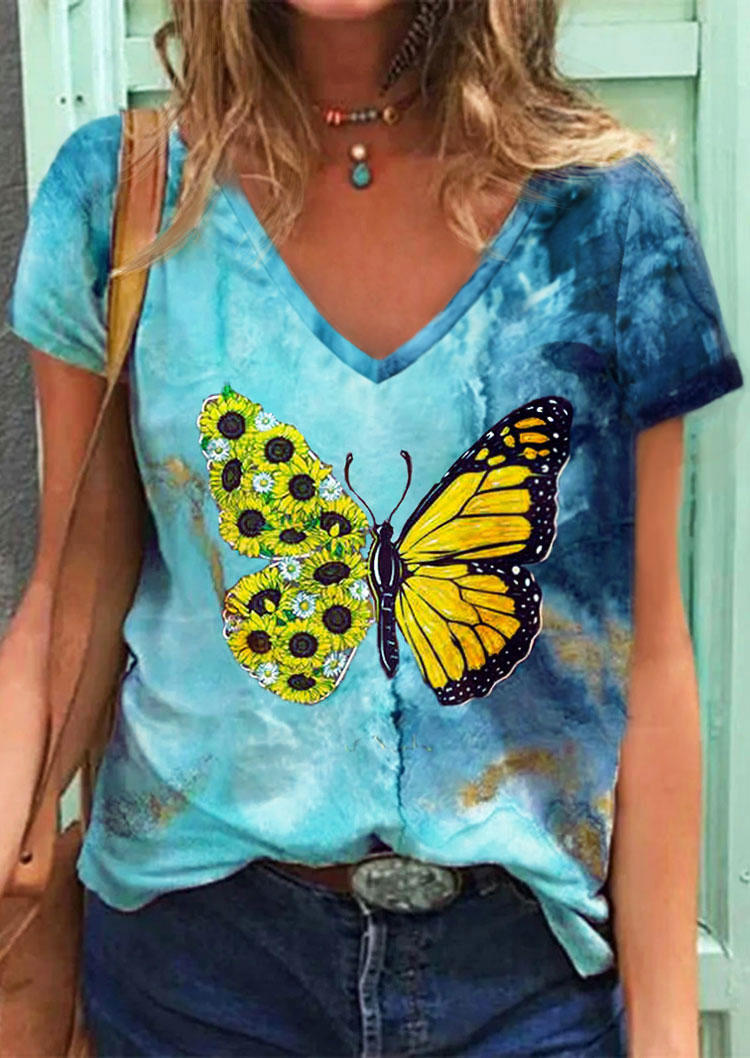 

Blouses Tie Dye Sunflower Butterfly V-Neck Blouse in Blue. Size: ,L