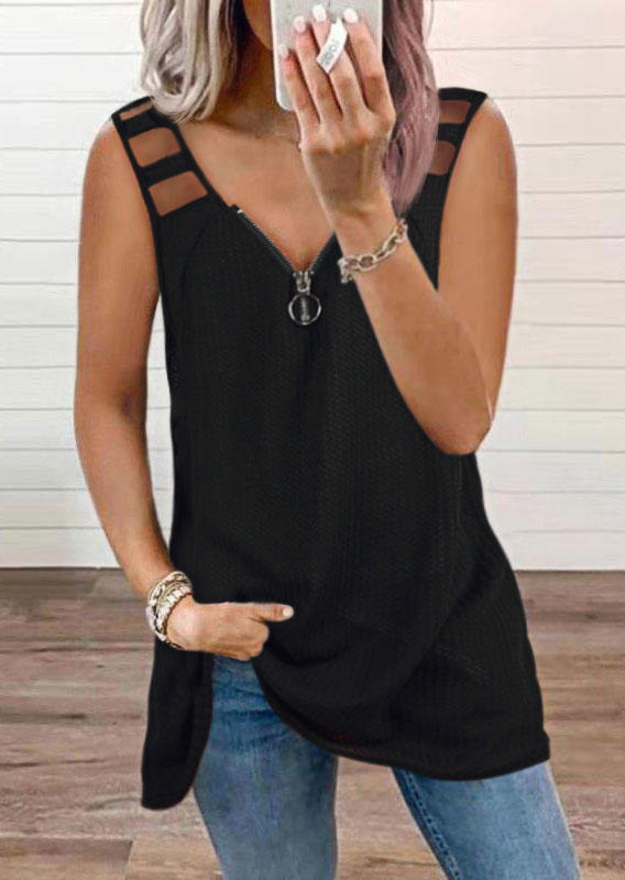 

Tank Tops Ring Zipper Hollow Out Casual Tank Top in Black. Size