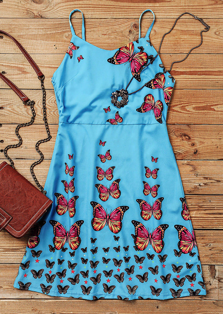 Mini Dresses Colorful Butterfly Spaghetti Strap Mini Dress in Blue. Size: M,L