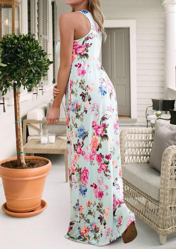 Maxi Dresses Floral Pocket Sleeveless Maxi Dress in Multicolor. Size: S,M,L