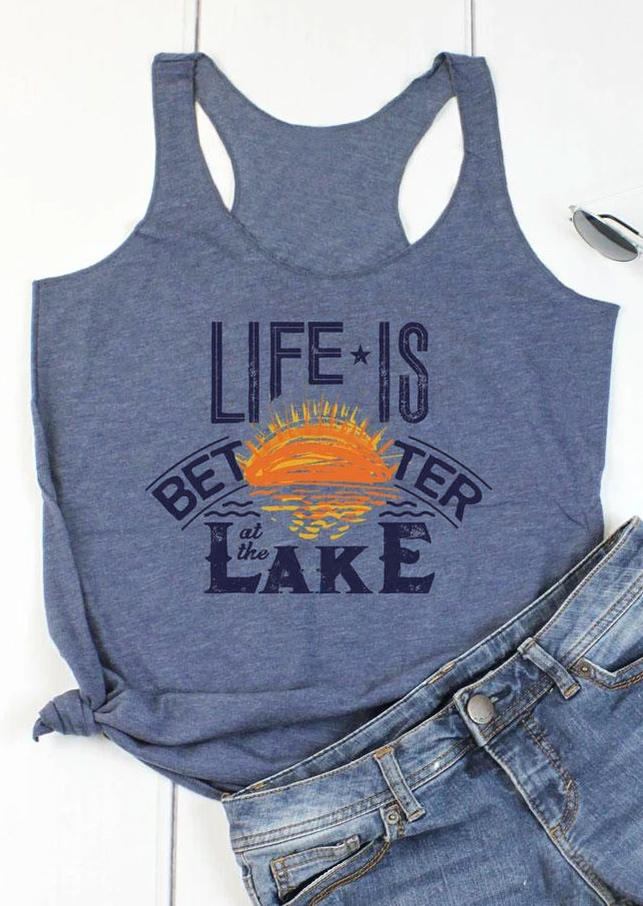 

Tank Tops Life Is Better At The Lake Sunrise Racerback Tank Top in Blue. Size
