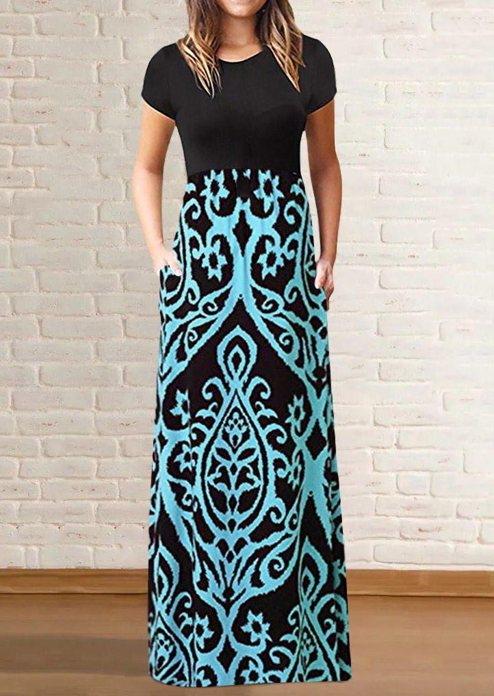 

Maxi Dresses Floral Pocket O-Neck Maxi Dress in Cyan. Size