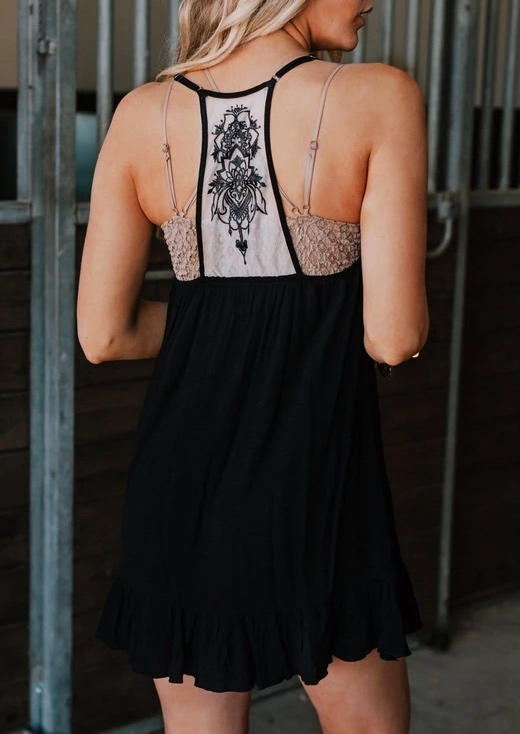 Floral Open Back Adjustable Strap Mini Dress - Black