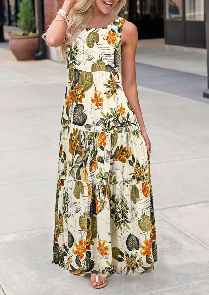 

Maxi Dresses Floral Leaf Sleeveless O-Neck Maxi Dress in Multicolor. Size
