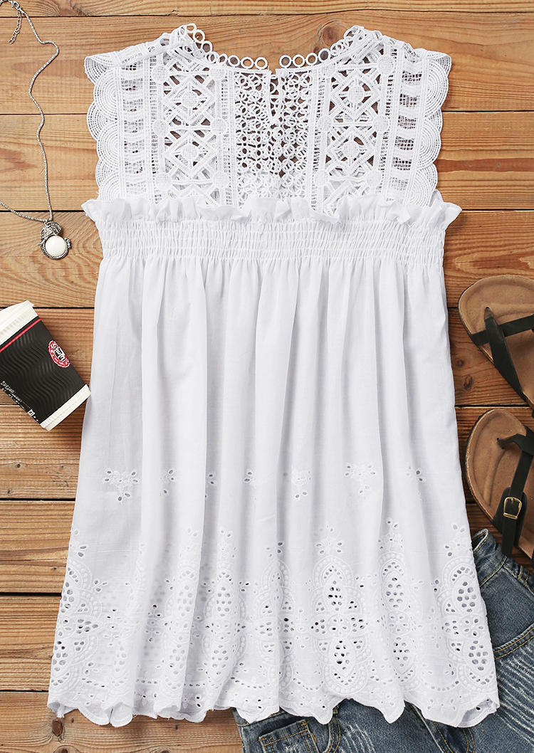 

Tank Tops Hollow Out Ruffled Sleeveless Tank Top in White. Size