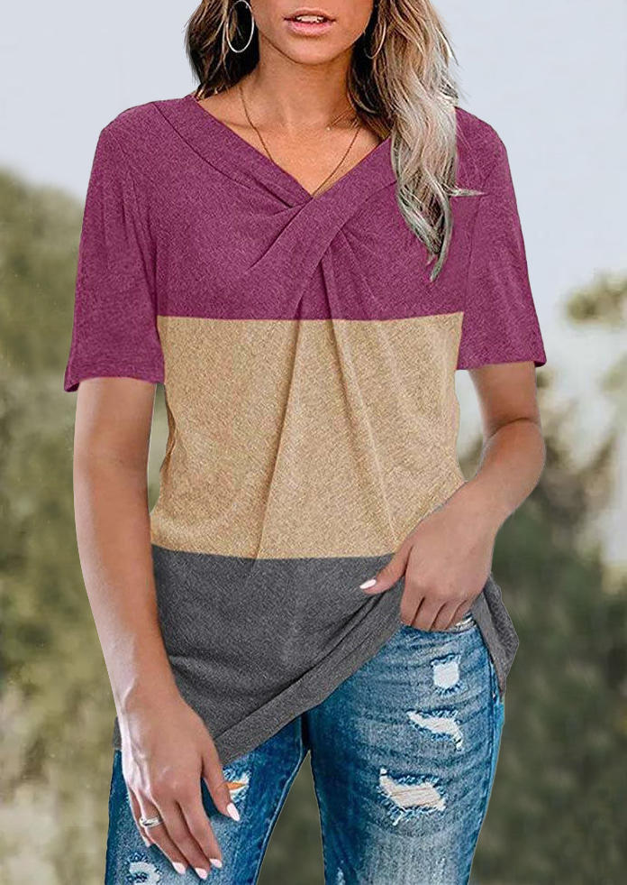 

Twist Color Block Short Sleeve Blouse, Multicolor, 504285