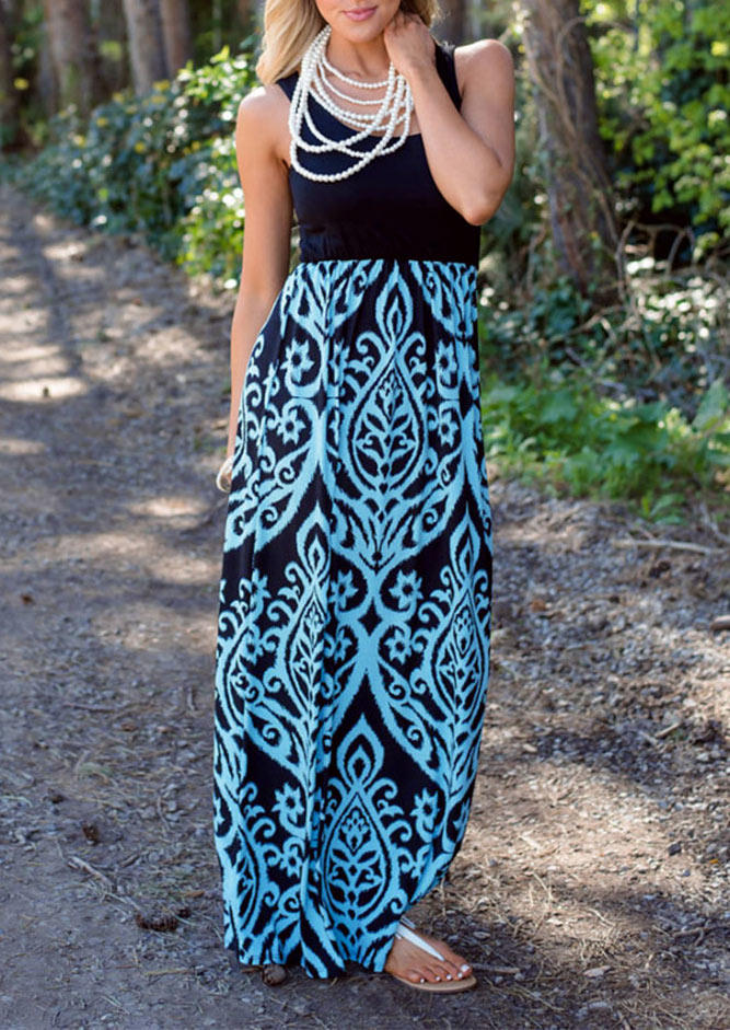 

Maxi Dresses Geometric Floral Sleeveless O-Neck Maxi Dress in Blue. Size: ,M,L