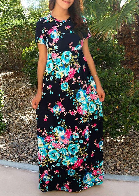 

Maxi Dresses Floral Leaf Ruffled Pocket Maxi Dress in Multicolor. Size: ,M,L