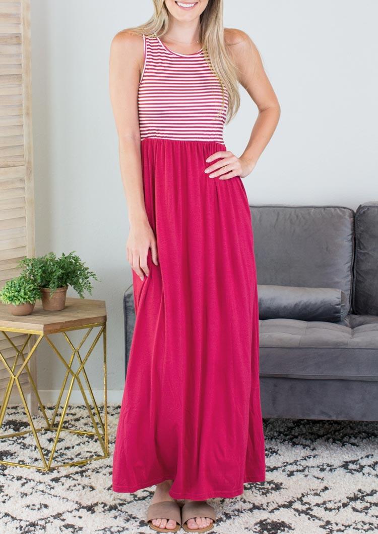 Striped Sleeveless O-Neck Maxi Dress - Rose Red