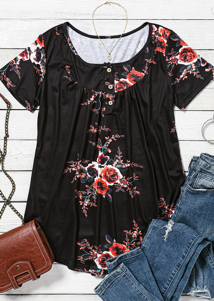 

Blouses Floral Button Ruffled Blouse in Black. Size