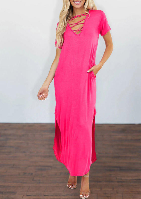 

Maxi Dresses Criss-Cross Slit Pocket Maxi Dress in Rose Red. Size: ,M,L