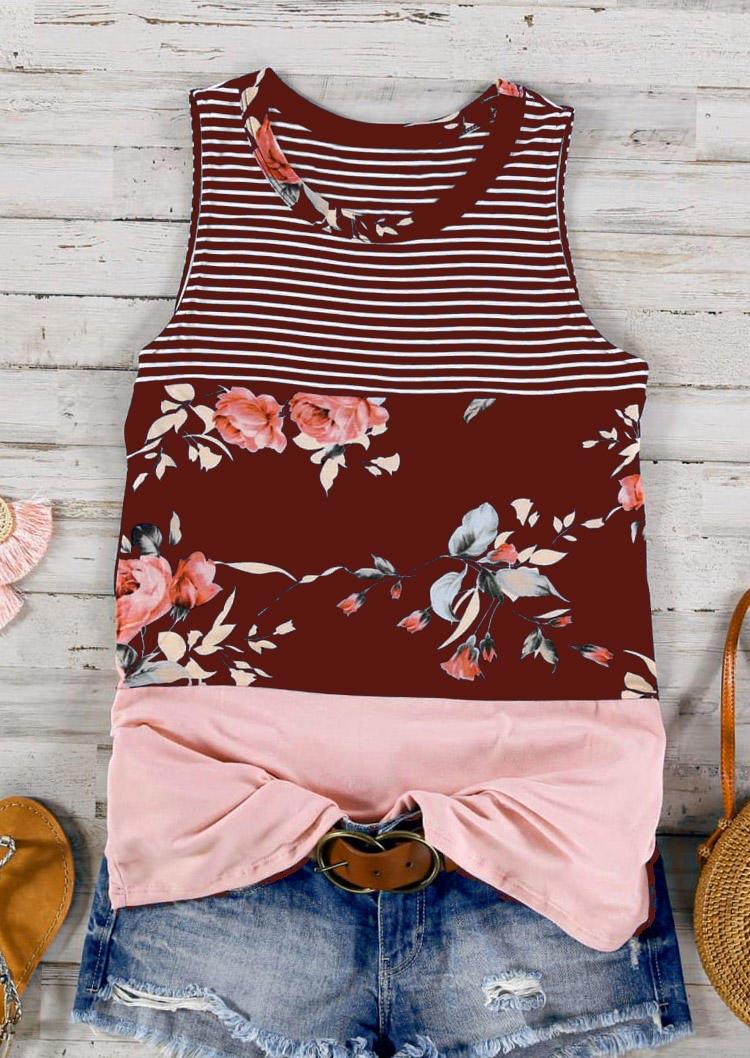 

Tank Tops Floral Striped O-Neck Tank Top in Burgundy. Size