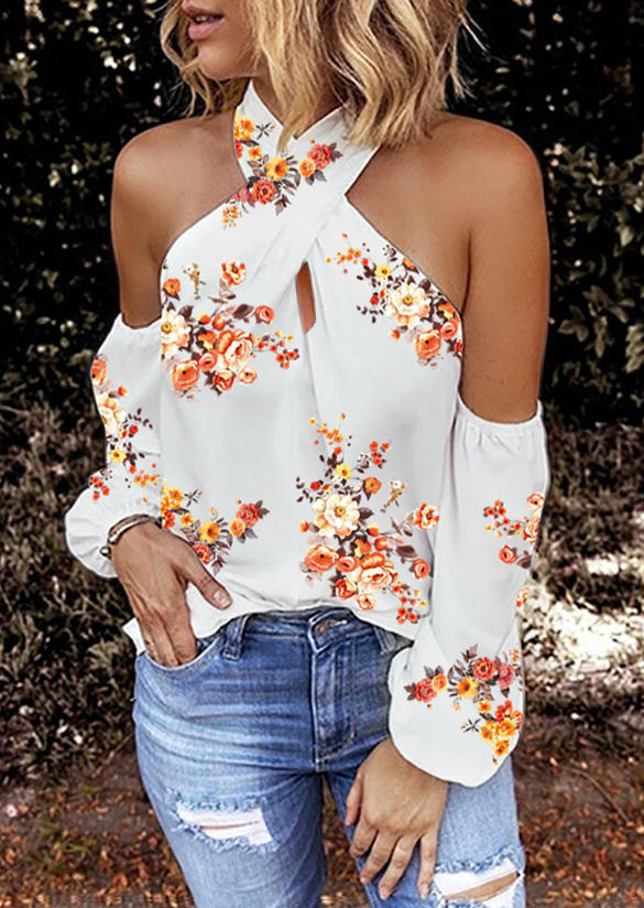 

Blouses Floral Criss-Cross Ruffled Cold Shoulder Blouse in White. Size